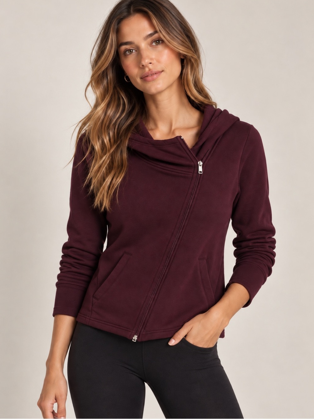 Forever 21 Purple Eggplant Hoodie Gym Sweater w/ Asymmetrical Zipper